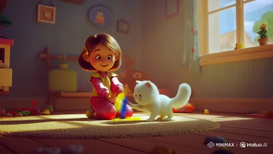Girl and Cat Play with Feather Toy in Cozy Room – AI Generated Video | Hailuo AI