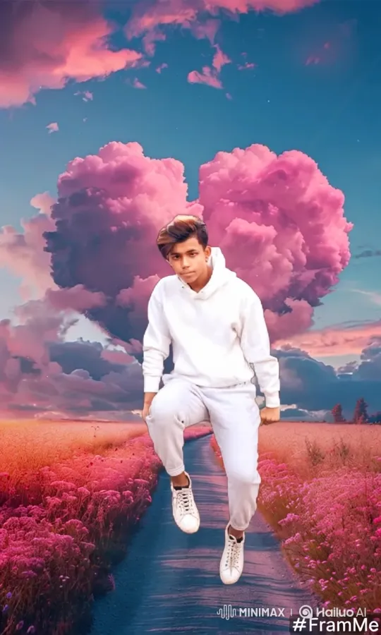 Young Man Floating in a Dreamy Landscape with Heart-Shaped Cloud – AI Generated Video | Hailuo AI