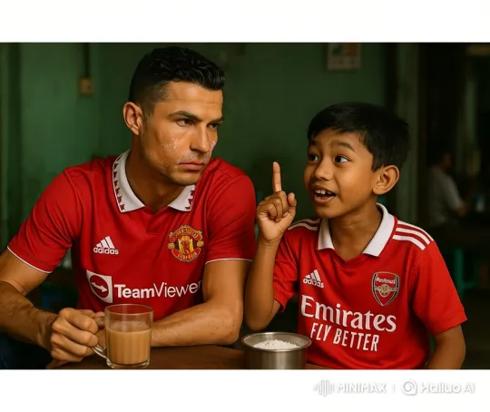 Ronaldo and Arsenal Fan in Burmese Teashop Discussion – AI Generated Video | Hailuo AI