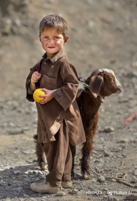 Boy and Goat Share Quiet Moment in Rocky Terrain – AI Generated Video | Hailuo AI