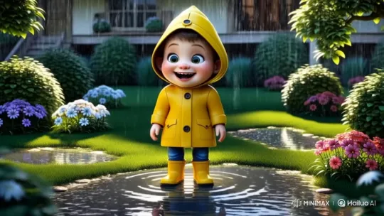 Joyful Boy Splashes in Rainy Garden Puddle – AI Generated Video | Hailuo AI