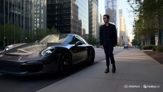 Stylish Man Opens Porsche on Bustling City Sidewalk – AI Generated Video | Hailuo AI