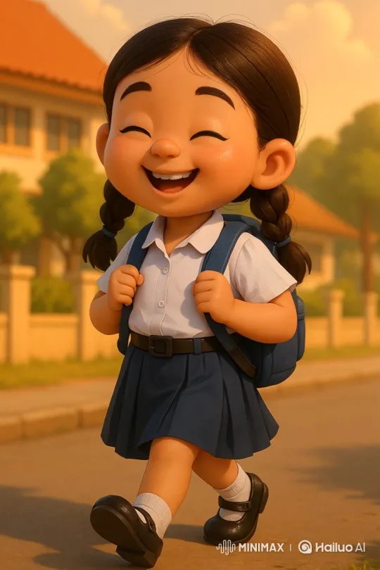 Cheerful Girl Pim Walks to School in Animated Morning Scene – AI Generated Video | Hailuo AI