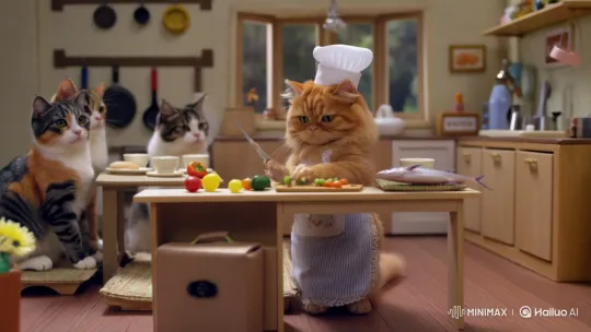 Fluffy Cat Chef Cooks for Family in Miniature Kitchen – AI Generated Video | Hailuo AI