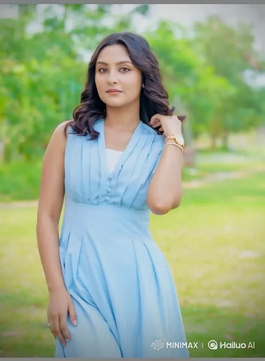 Woman in Blue Dress Walks Away in Park – AI Generated Video | Hailuo AI