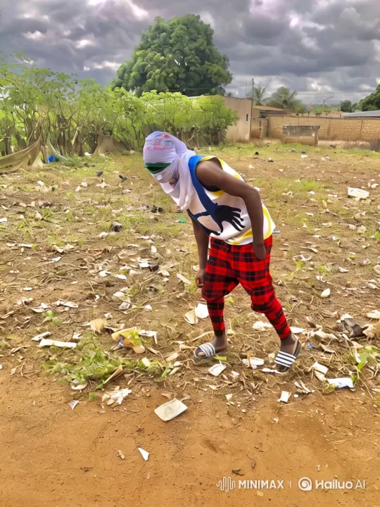 Individual in Plaid Pants Walks Through Littered Field – AI Generated Video | Hailuo AI