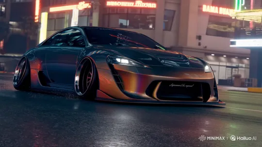 Neon Night Drive: Sleek Slammed Sports Car – AI Generated Video | Hailuo AI