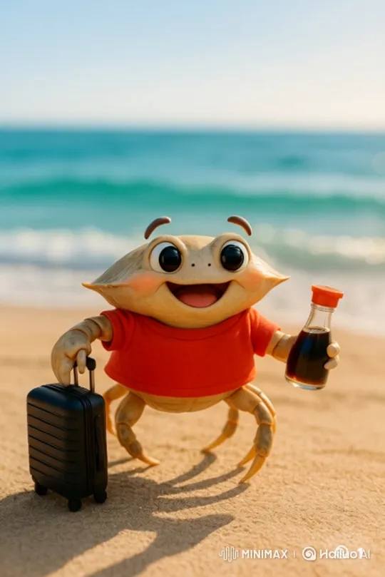Animated Baby Crab Embarks on a Sunny Beach Adventure – AI Generated Video | Hailuo AI