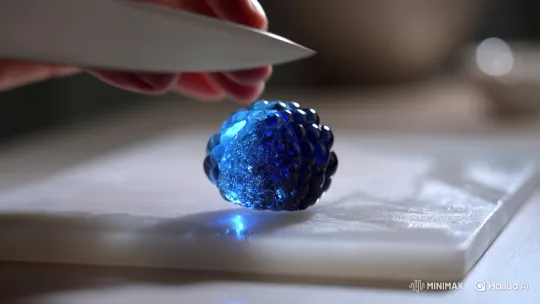 Ultra-Slow-Motion Slicing of Glass Blue Raspberry – AI Generated Video | Hailuo AI