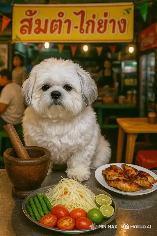 Fluffy Dog Enjoys Food Stall Ambiance – AI Generated Video | Hailuo AI