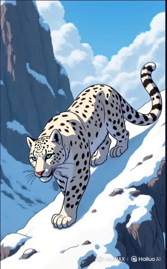 Snow Leopard Gracefully Descends Snowy Mountainside – AI Generated Video | Hailuo AI