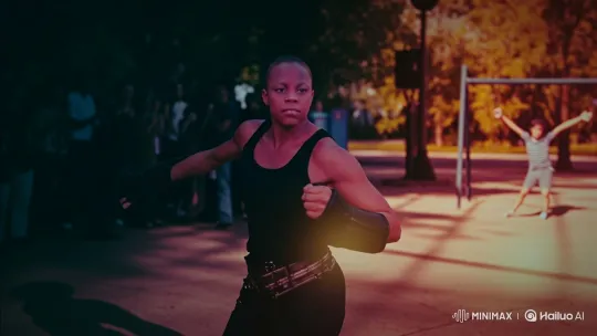 Woman Fights Shadow Opponent in Park at Sunset – AI Generated Video | Hailuo AI