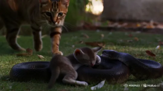 Mother Cat Bravely Rescues Kitten from Snake Attack – AI Generated Video | Hailuo AI
