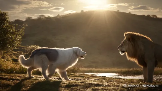 Large White Dog Intimidates Lion at Stream Under Morning Sun – AI Generated Video | Hailuo AI