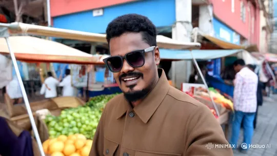 Man Remembers Past Joy Amidst Bustling Street Market – AI Generated Video | Hailuo AI