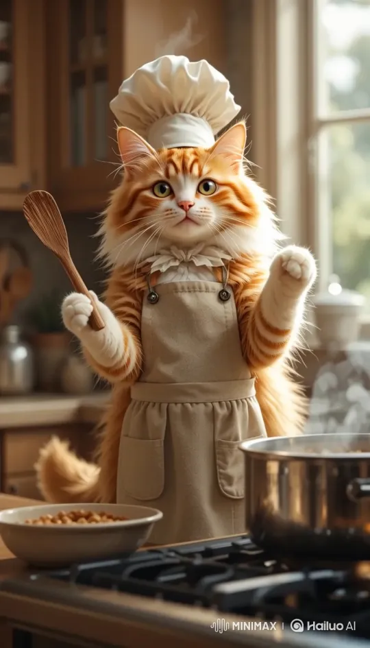 Cute Cat Chef Joyfully Stirs Pot in Sunny Kitchen – AI Generated Video | Hailuo AI