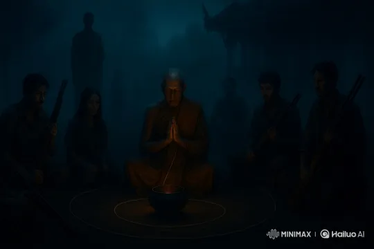 Monk Meditates in Foggy Night Clearing with Armed Observers – AI Generated Video | Hailuo AI