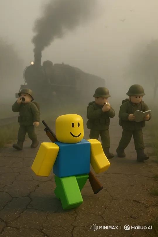 Blocky Character and Soldiers Walk Together in Peaceful Fog – AI Generated Video | Hailuo AI