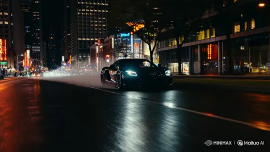 Night Drive: Sleek Sports Car in Wet City Streetscape – AI Generated Video | Hailuo AI
