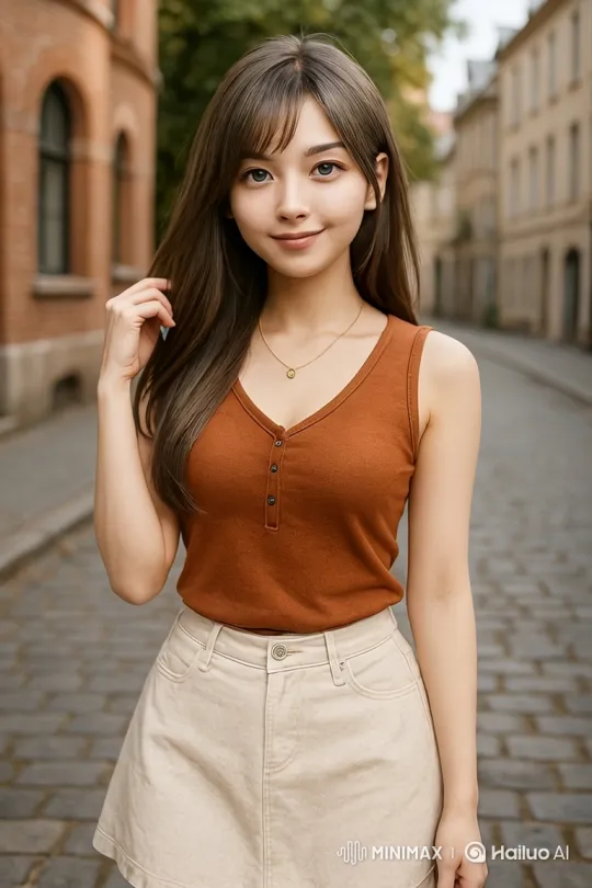 Young Woman Dances Cheerfully on Cobblestone Street – AI Generated Video | Hailuo AI
