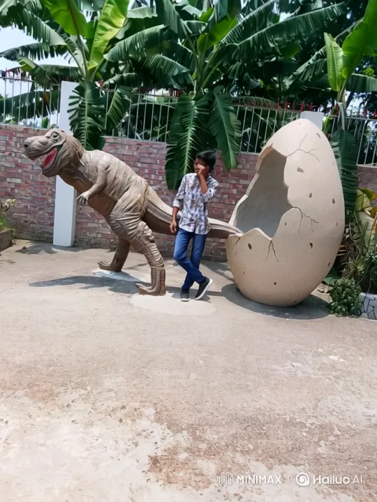 Young Man Poses Playfully at Dinosaur Exhibit – AI Generated Video | Hailuo AI