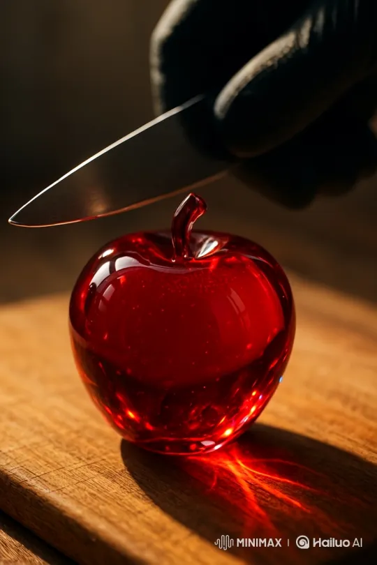 Glass Apple Resists Knife in Dramatic Culinary Scene – AI Generated Video | Hailuo AI