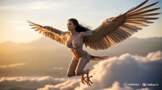 Majestic Harpy Woman Glides Through Sunset Sky – AI Generated Video | Hailuo AI