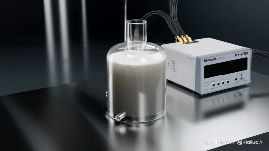 Static Shot of Turbid Gray Liquid in Borosilicate Glass Reactor – AI Generated Video | Hailuo AI