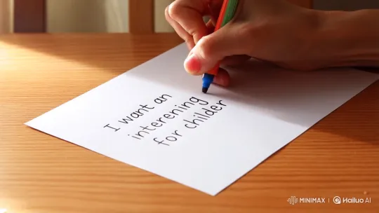 Hand Writes 'Interesting Story for Children' on Sunny Desk – AI Generated Video | Hailuo AI
