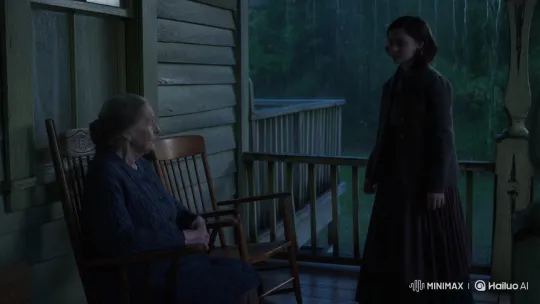 Elderly Woman and Young Person Share Quiet Moment on Rainy Porch – AI Generated Video | Hailuo AI