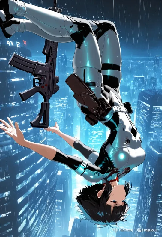 Futuristic Acrobat Leaps Across Neon Cityscape – AI Generated Video | Hailuo AI