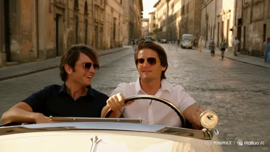 Stylish Men Drive Vintage Convertible Through Italian Cityscape – AI Generated Video | Hailuo AI