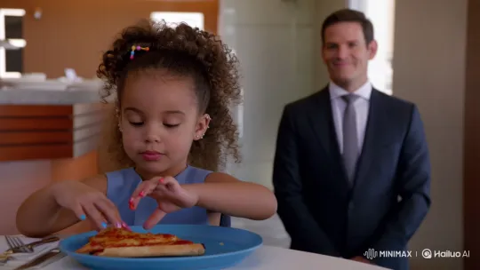 Boss Observes Stylish Little Girl Eating Pizza – AI Generated Video | Hailuo AI