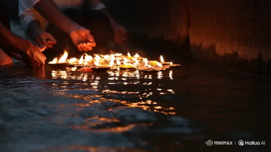 Diya Lamps Glowing in River Ganges at Banaras Ghats – AI Generated Video | Hailuo AI