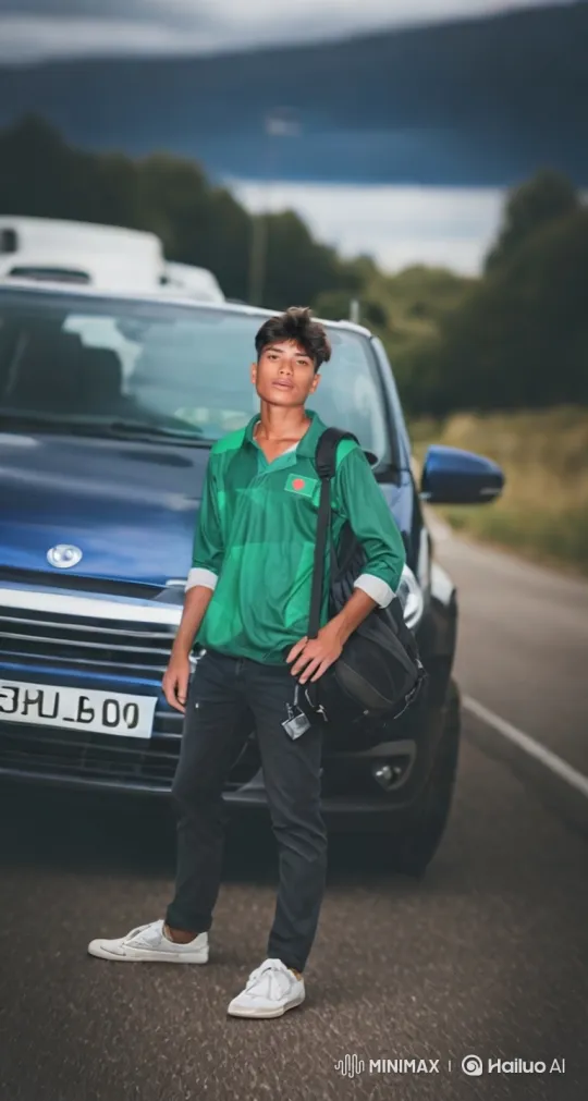 Young Man Poses Calmly on Road Amidst Gentle Breeze – AI Generated Video | Hailuo AI