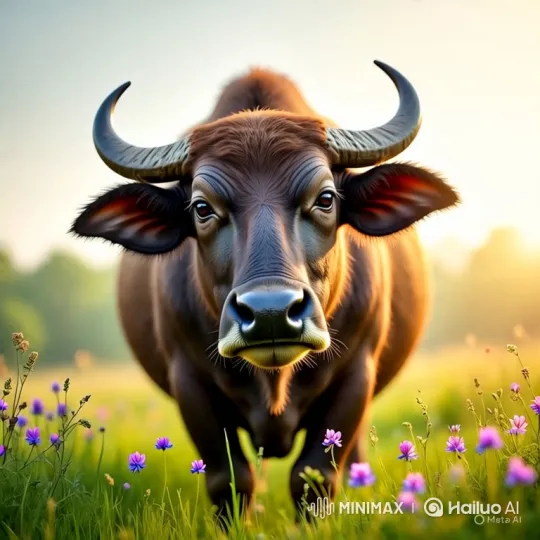 Water Buffalo in Serene Meadow with Subtle Expressions – AI Generated Video | Hailuo AI