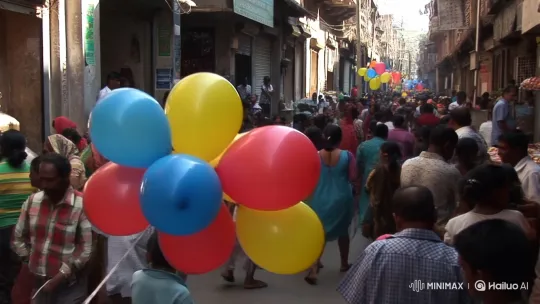 Young Boy with Balloons Navigates Bustling Banaras Street – AI Generated Video | Hailuo AI