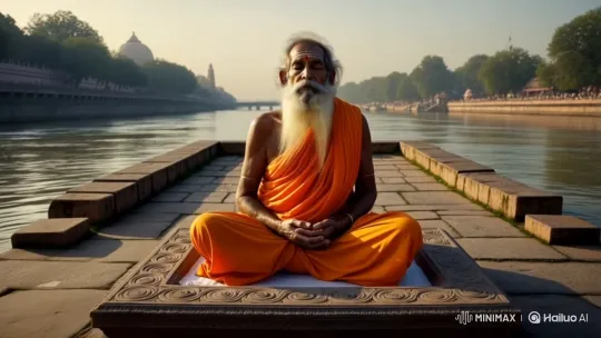 Elderly Sadhu Meditates by the Ganges at Dawn – AI Generated Video | Hailuo AI