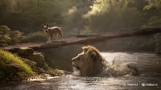 Clever Dog Outsmarts Lion, Crosses Bridge Successfully – AI Generated Video | Hailuo AI