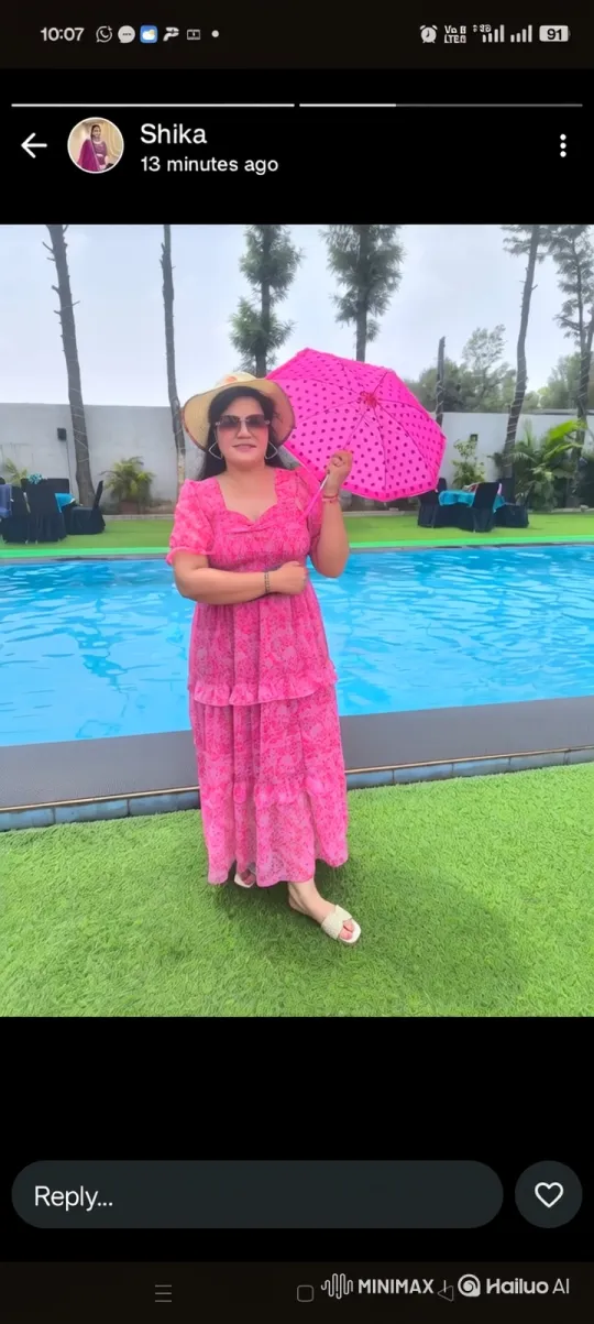 Woman in Floral Dress by Resort Pool with Umbrella – AI Generated Video | Hailuo AI