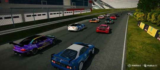 High-angle view of ten race cars starting and accelerating on a track. – AI Generated Video | Hailuo AI