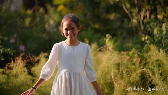Myanmar Girl Twirls in ZIN WAI COTTON Dress in Sunny Garden – AI Generated Video | Hailuo AI