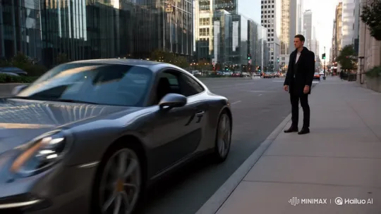 Young Man Enters Porsche on City Sidewalk – AI Generated Video | Hailuo AI