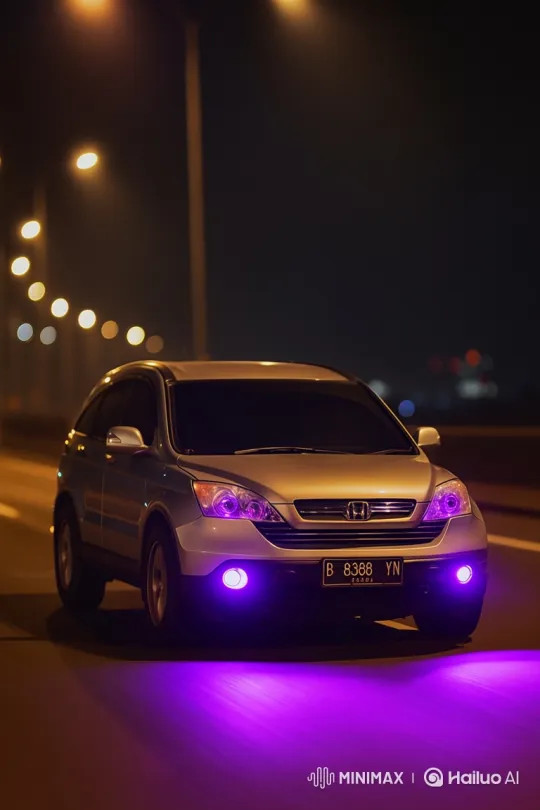 Silver Honda CR-V Night Drive with Futuristic Headlights – AI Generated Video | Hailuo AI