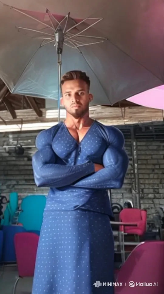Muscular Man Stares Steadily, Flexes Under Umbrella – AI Generated Video | Hailuo AI