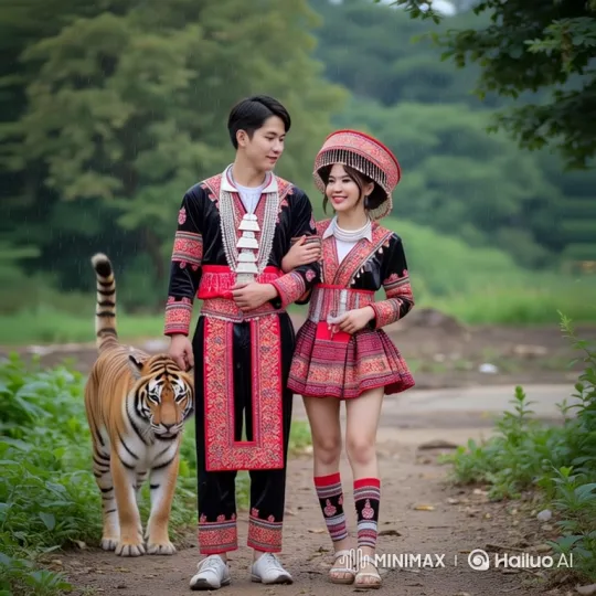 Couple Walks with Tiger Amidst Light Rain in Woods – AI Generated Video | Hailuo AI