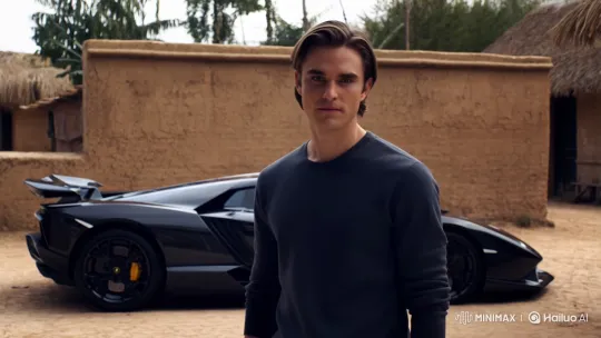 Young Man Drives Lamborghini Away from Village Wall – AI Generated Video | Hailuo AI