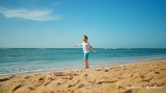 Boy on Beach Experiences Joyful Moment – AI Generated Video | Hailuo AI