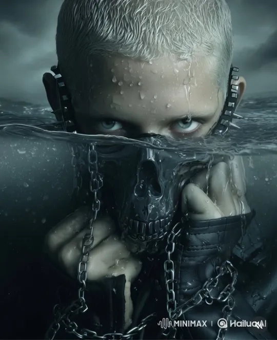 Intense Gaze and Swirling Chains in Dark Water – AI Generated Video | Hailuo AI