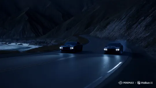 Muscle Cars Race on Coastal Road at Night – AI Generated Video | Hailuo AI